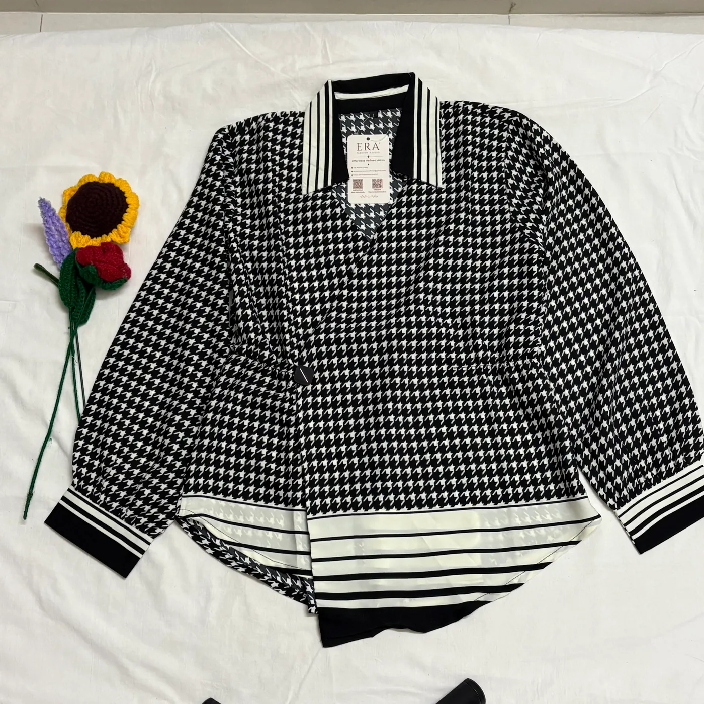 Black & White Houndstooth Long Sleeve Shirt with Stripe Collar