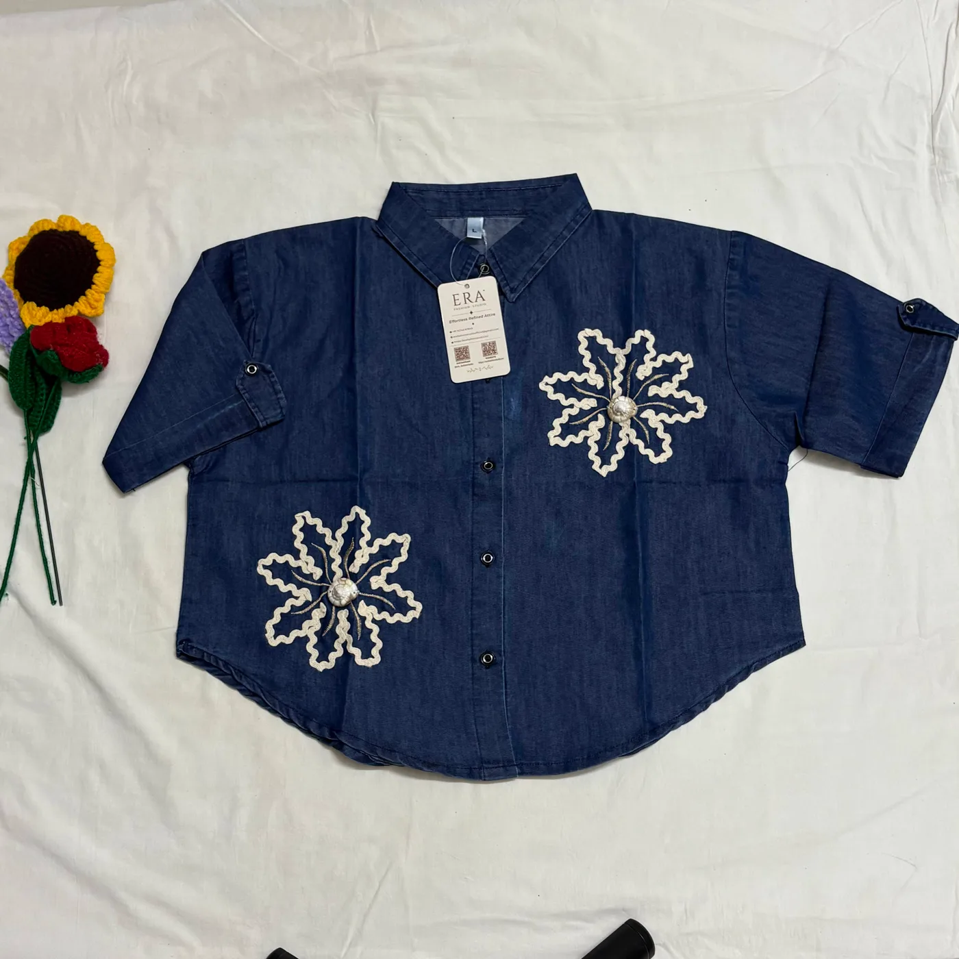 Blue Casual Office Shirt with Floral Embroidery