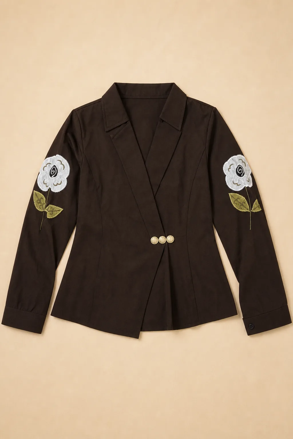 Brown Embroidered Sleeve Shirt with Gold Button Detail
