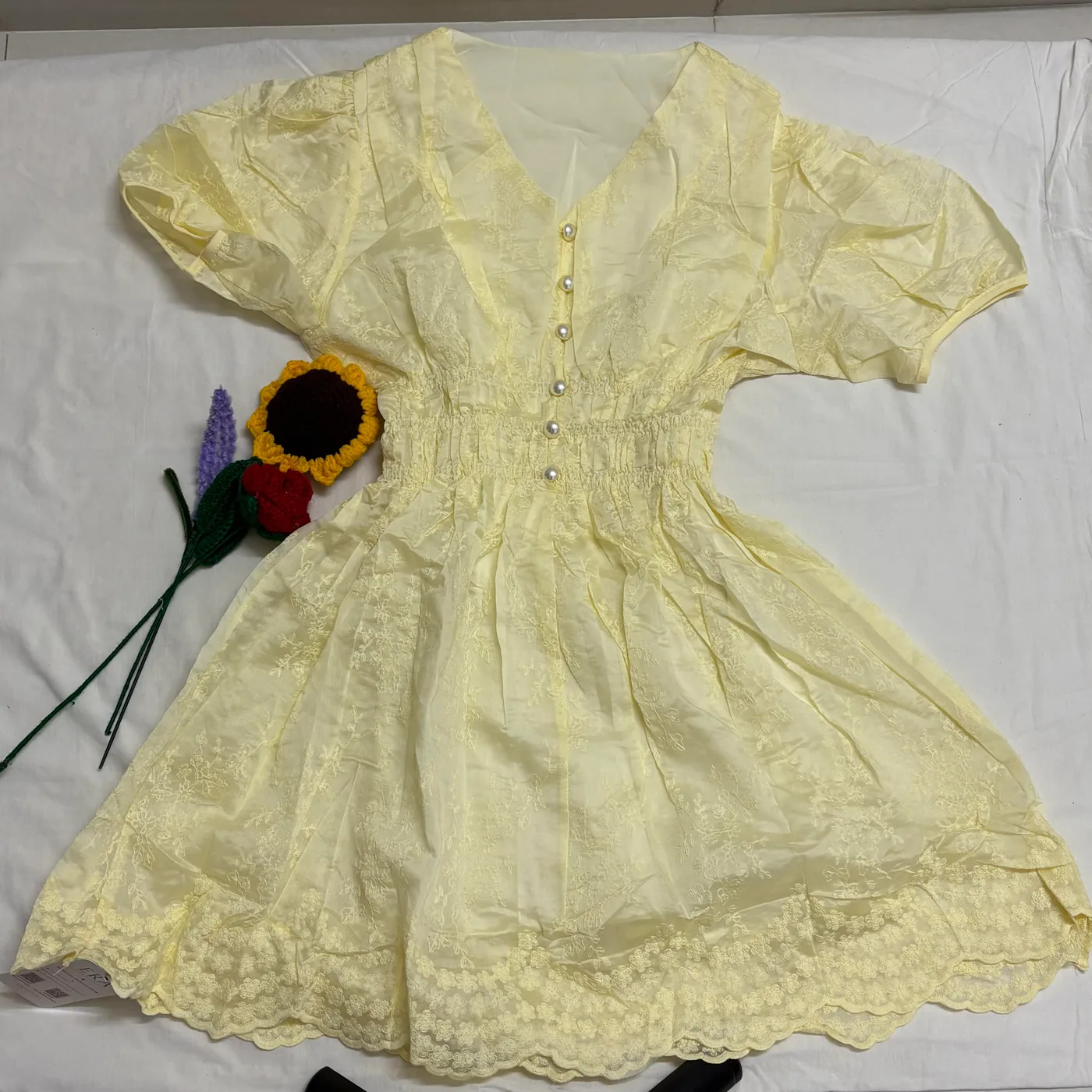 Elegant Light Yellow Party Frock with Pearl Buttons