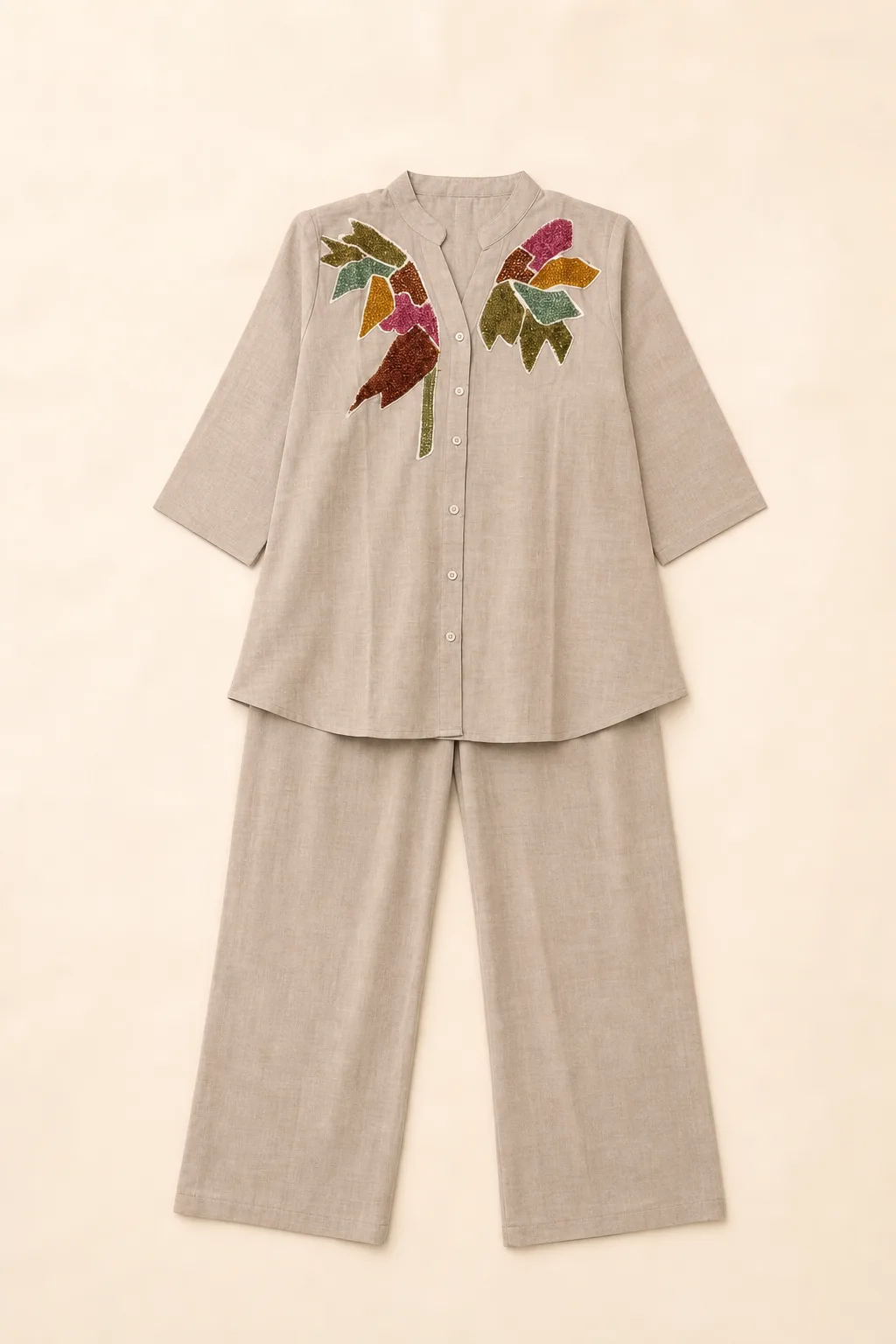 Khaki Pants and Top Set with Multicolor Leaf Detailing