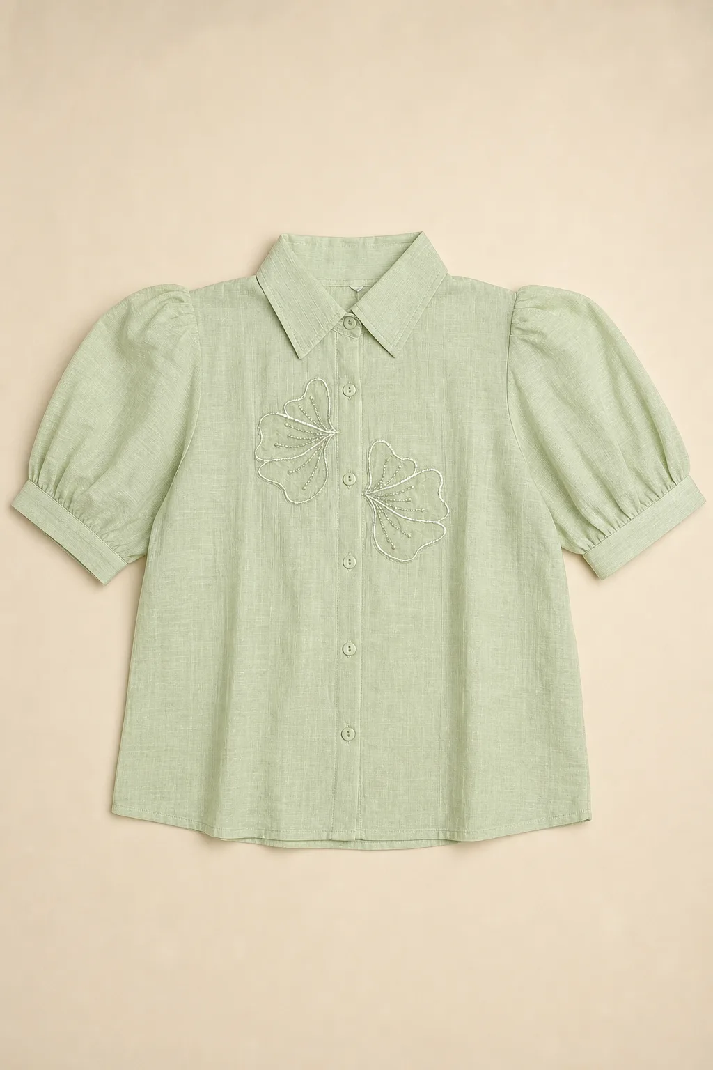 Light Green Puff Sleeve Shirt with Embroidered Detail