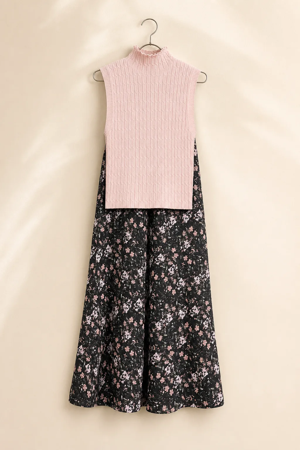 Sleeveless Mock Neck Ribbed Knit Top and Floral Flared Pants Set image 1