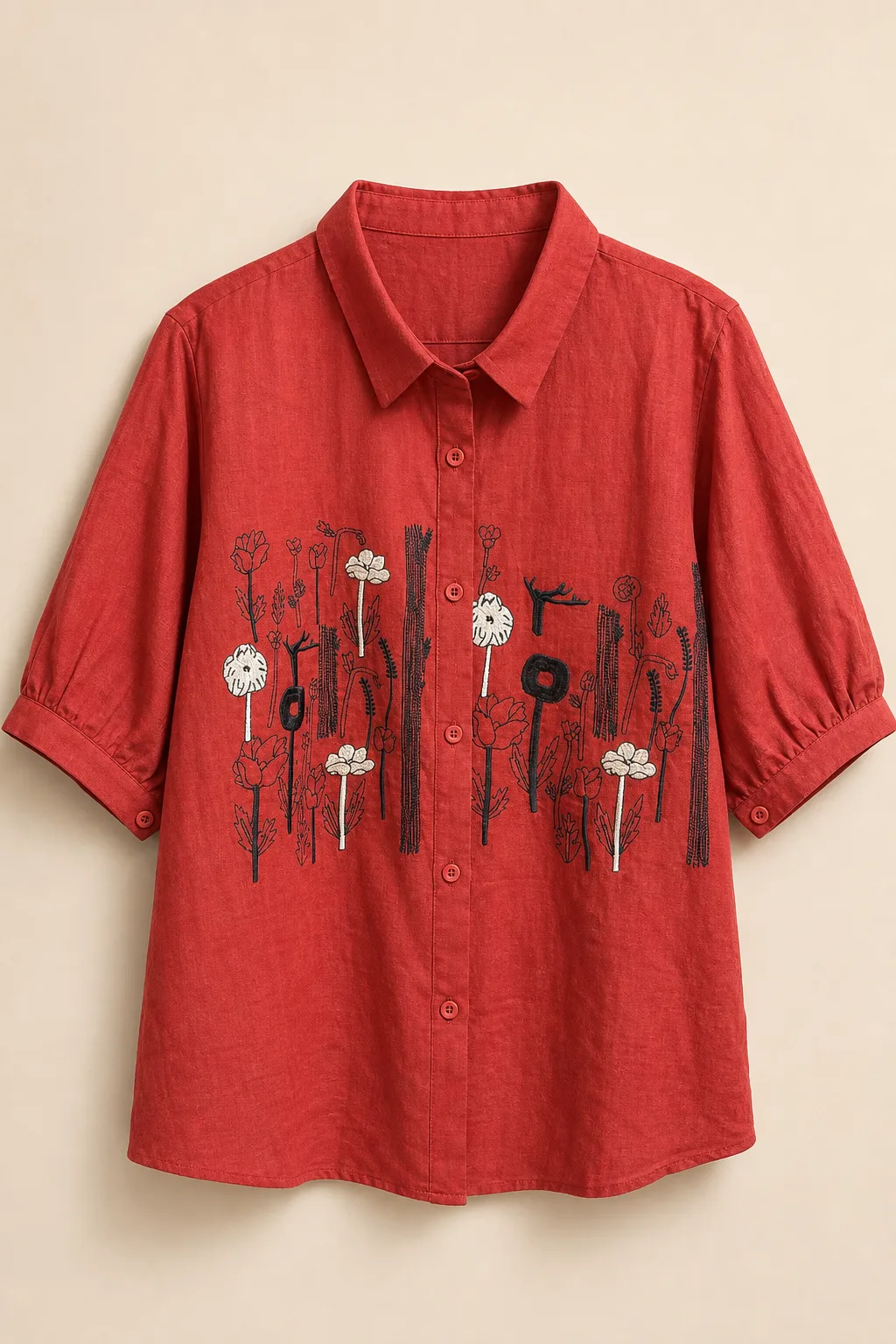 Button-Down Half Sleeve Embroidered Floral Shirt image 1