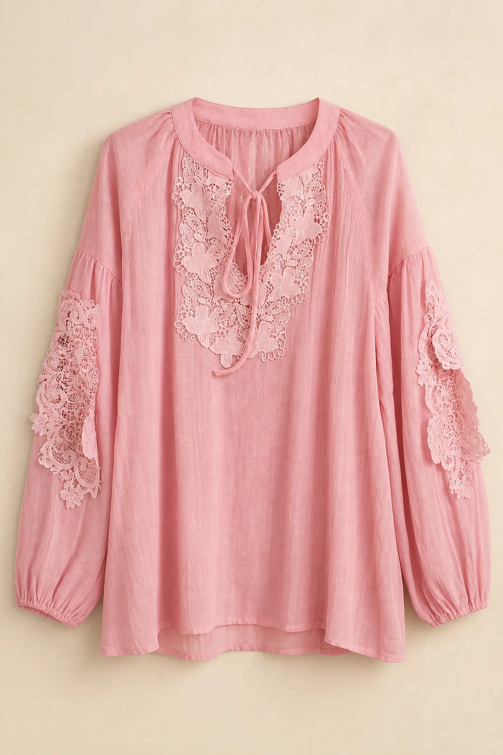 Pink Sheer Long Sleeve Blouse With Lace Insets image 1