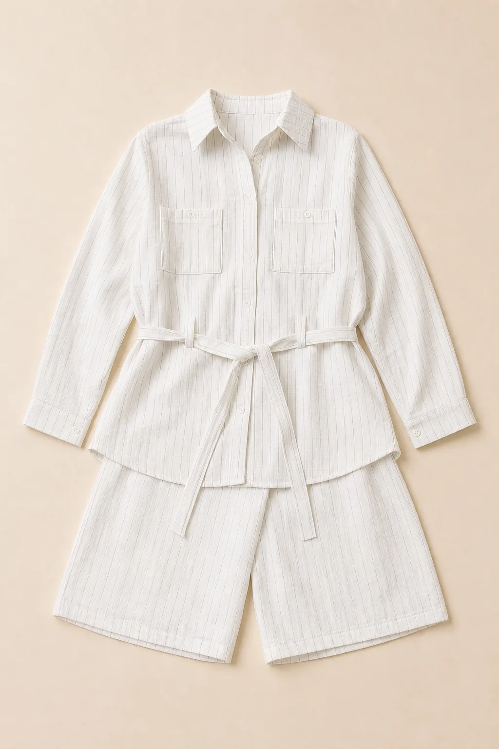 White Pinstripe Belted Shirt and Shorts Set