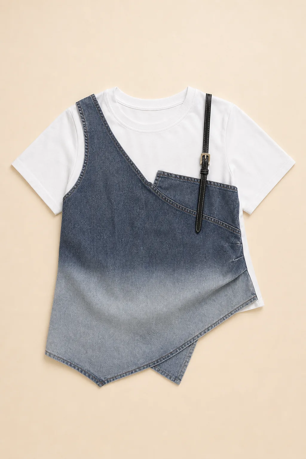 Women’s Layered Denim Style Asymmetrical Top with White Tee